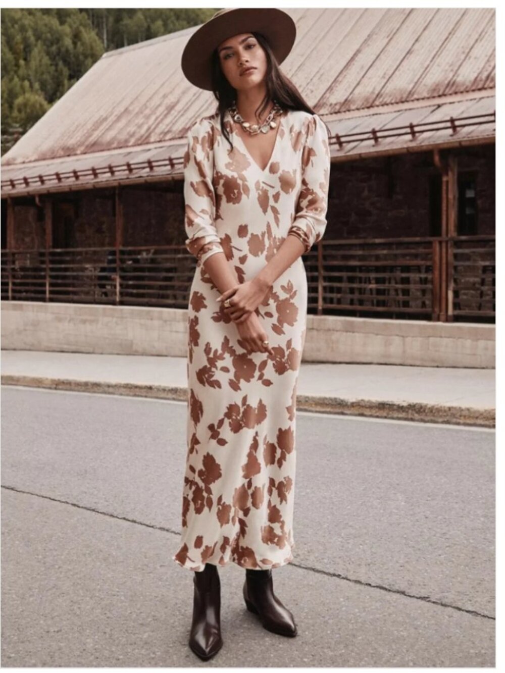 NWT Loft Floral V-Neck Bias Maxi Dress Cream Tan Brown Women's 10 Fall Autumn